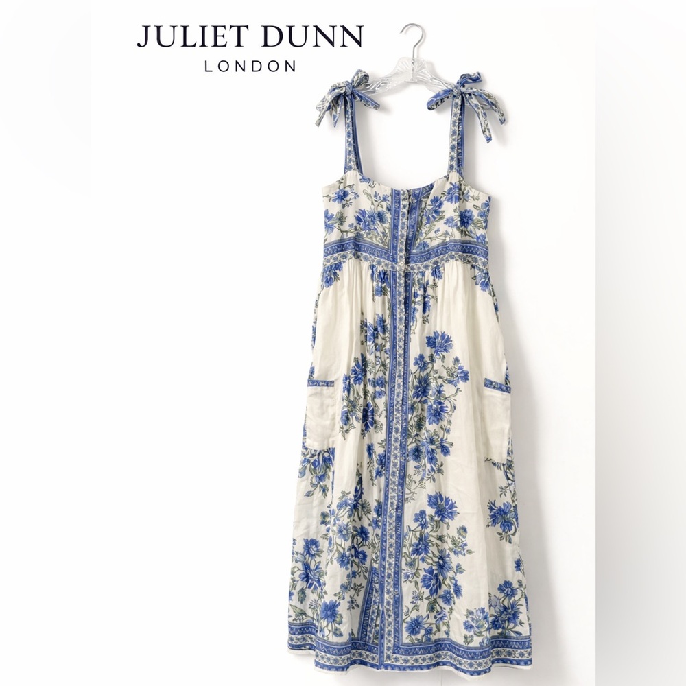 NWOT Juliet Dunn London Blue Floral Print Cotton Tie-Strap Dress Size Large/3
